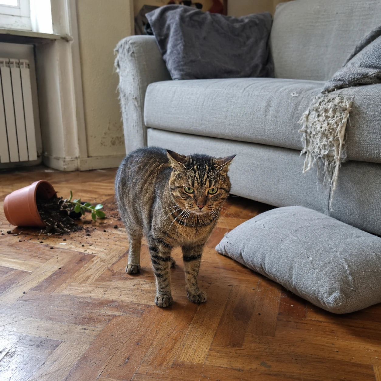 Senza Scratchy: divano rovinato e casa in disordine