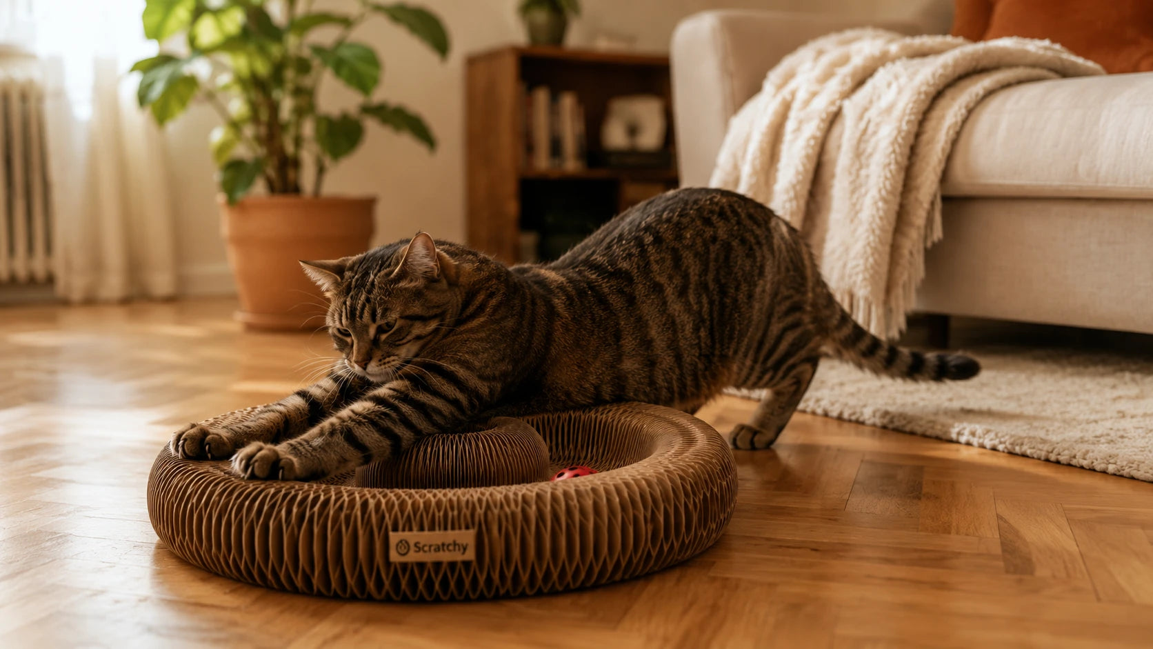 Il gatto usa Scratchy in orizzontale nel salotto di casa