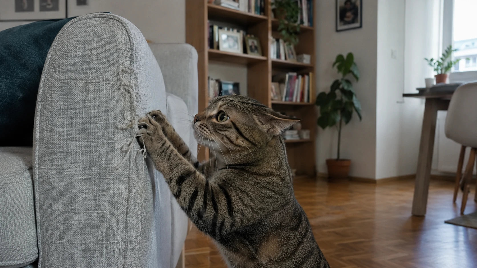 Il gatto graffia e rovina il divano del salotto